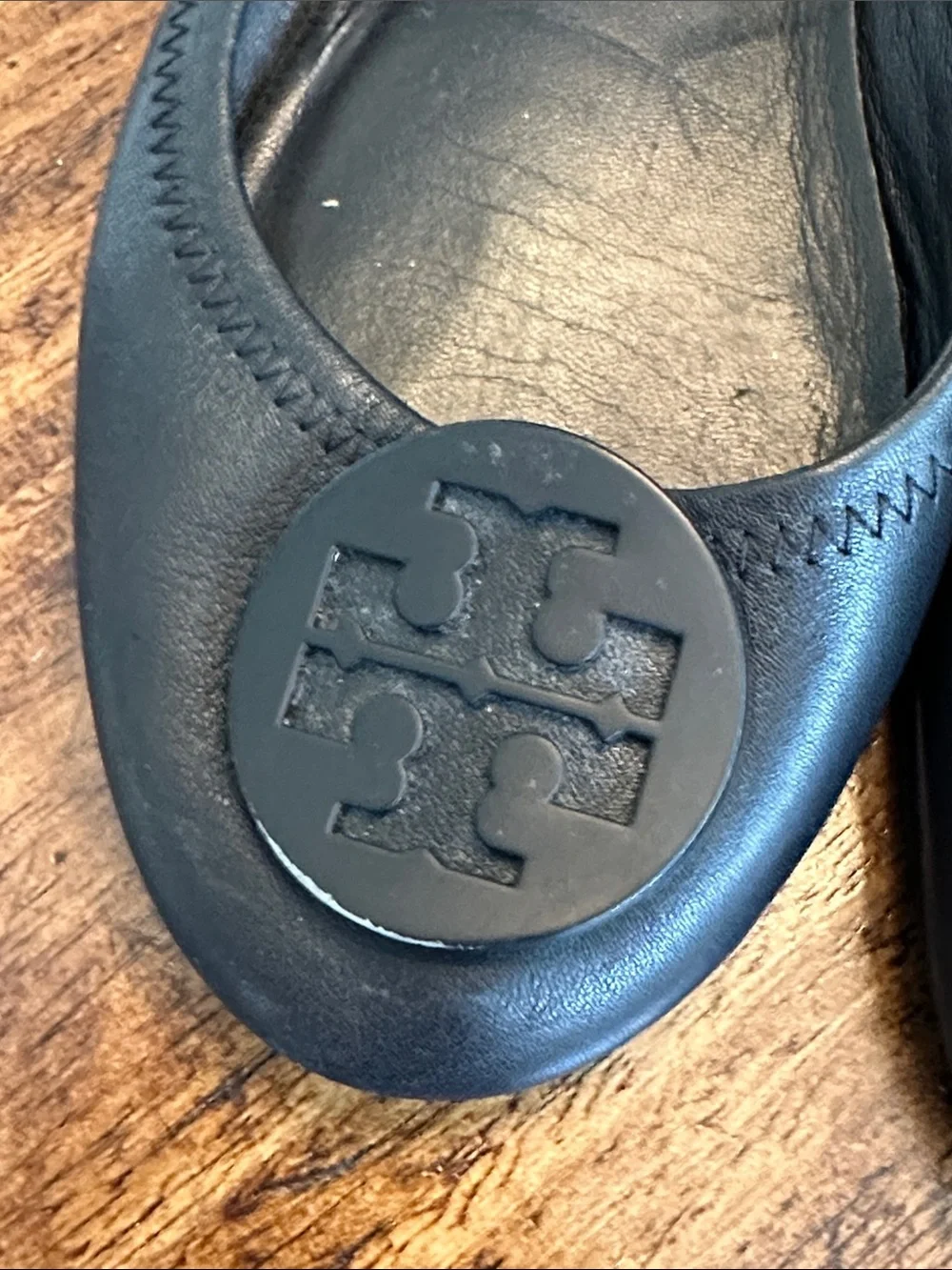 Tory Burch | Minnie Travel Ballet Flats Black Leather Tonal Logo, Size 7.5